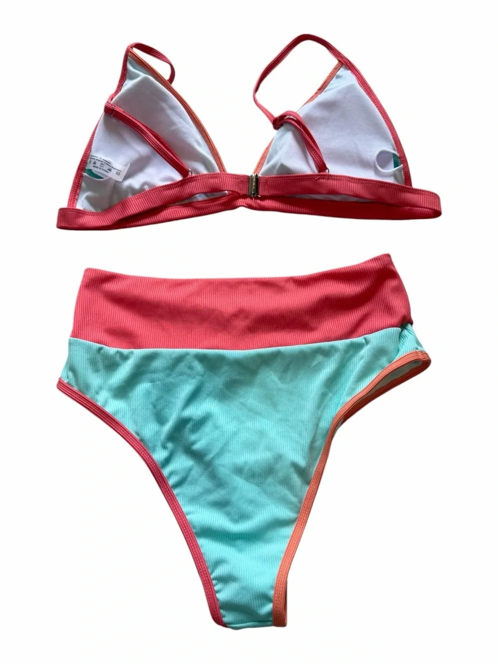 Colorblock High-Waist Bikini Set - Coral, Aqua & Peach